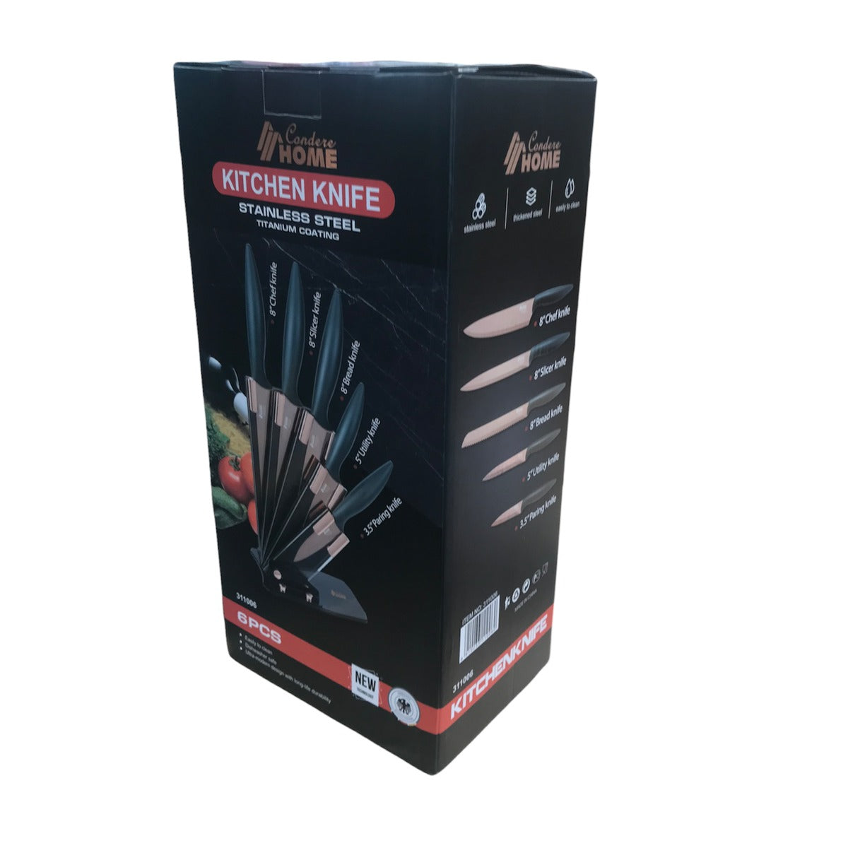 Condere 6 Piece Titanium Coated Kitchen Knife Set with Stand