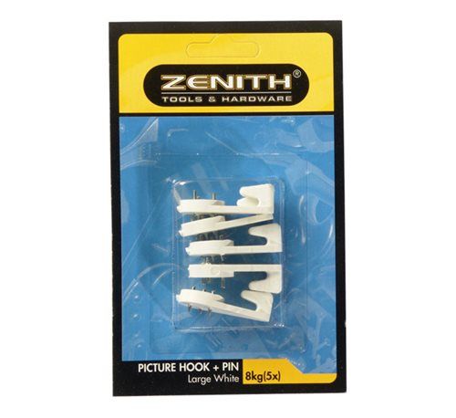 Bulk Pack 5 x Zenith Picture Hook & Pin Large for 8kg, Card 5