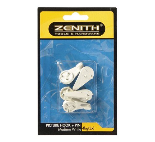Bulk Pack 5 x Zenith Picture Hook & Pin Medium for 4kg, Card 5