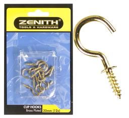 Bulk Pack 20 X Cup-Hooks Brass Plastic 20mm 12 Piece Pack Zenith
