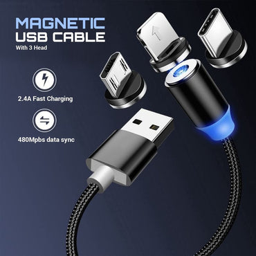 3-in-1 Magnetic USB Cable 3A FAST Charging Charger Phone Data Type-C - 1 Pack