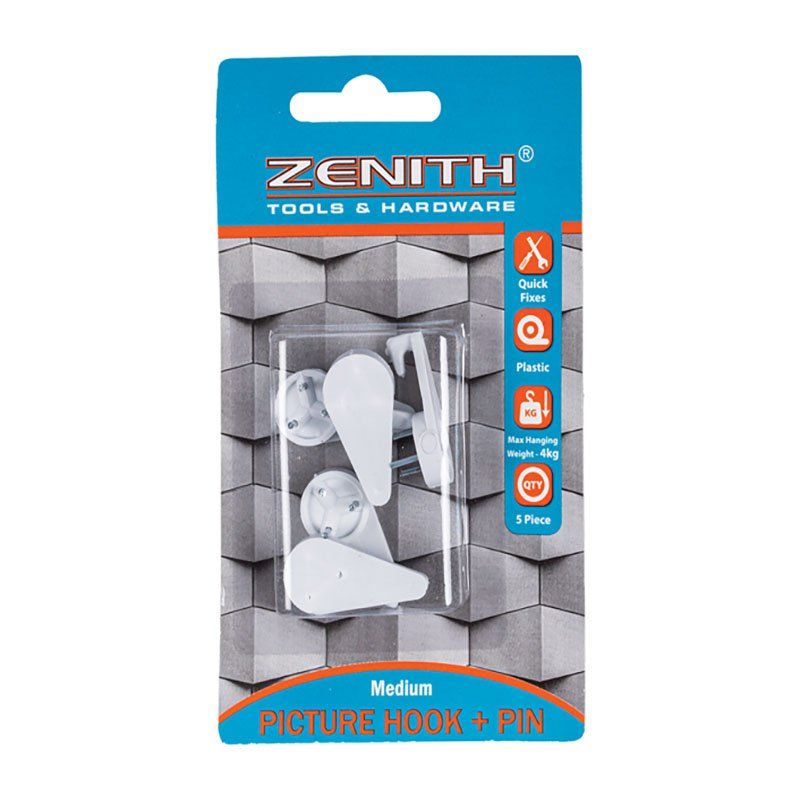 Zenith Picture Hook & Pin Medium for 4kg - 6 Pack