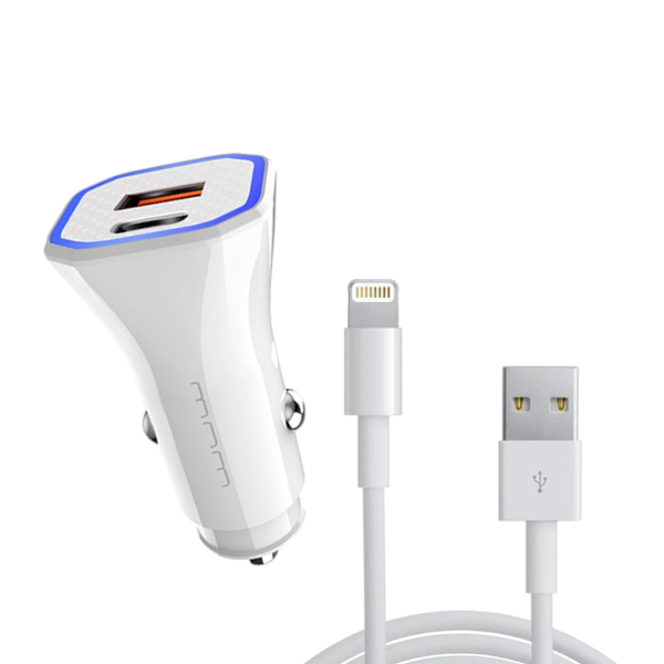WUW - T54 - USB +Type-C Car Charger with iPhone cable - White