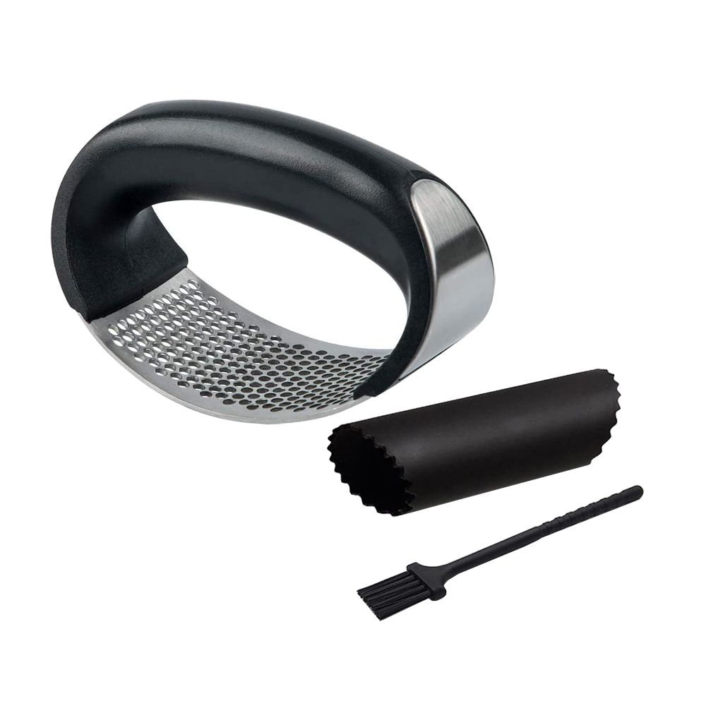 Kitchen Stainless Steel Garlic Press With Silicone Peeler & Cleaning Brush