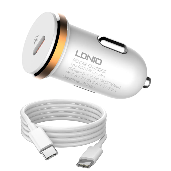 USB-C Car Charger with Fast Type-C to Type-C 1 Meter Cable White-zoomDNIO C22Q