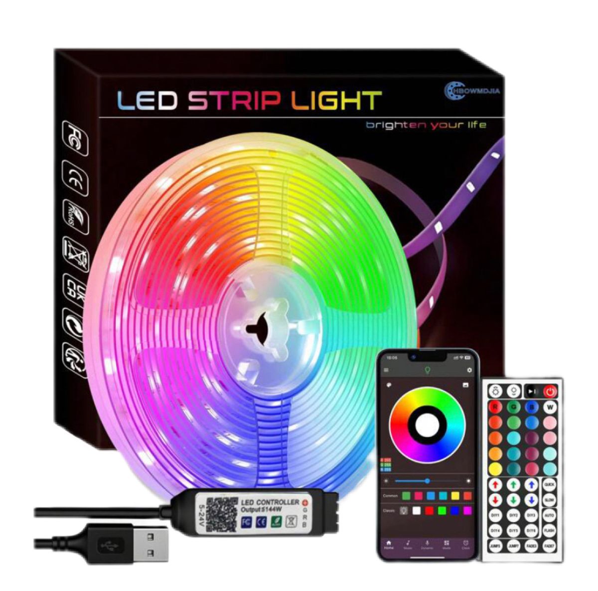 10m Smart RGB LED Strip Lights Controlled by Mobile App & Remote Control
