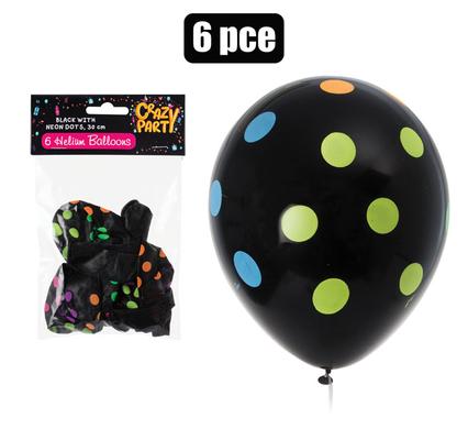 BALLOONS HELIUM 6PC BLACK/DOTS F-01