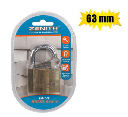 PADLOCK ZENITH BRASS 63mm CARDED