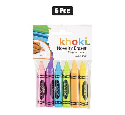 NOVELTY ERASERS PENCIL CRAYON 6 PIECE