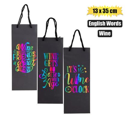 GIFT-BAG PPR WINE ENG WORDS 13x35cm BLK
