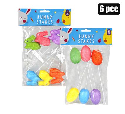 EASTER GLITTER FOAM DECOR STAKES 6PC AST