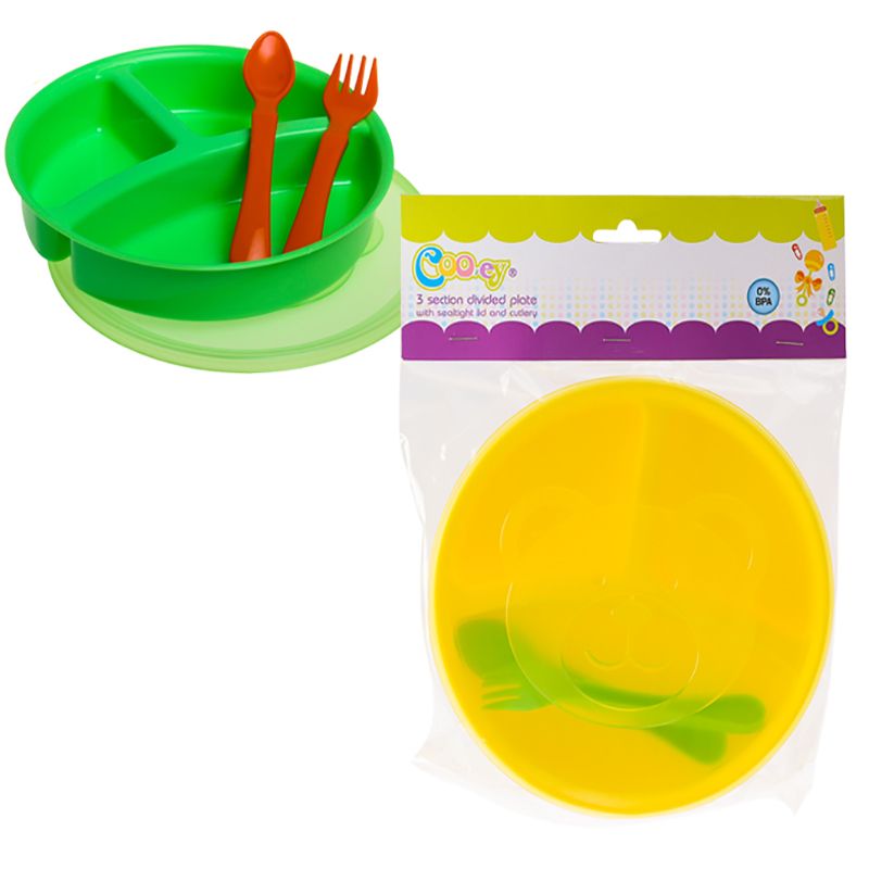 Bulk Pack x 2 Cooey 3 Section Plate & Cover Complete With Cutlery, BPA Free