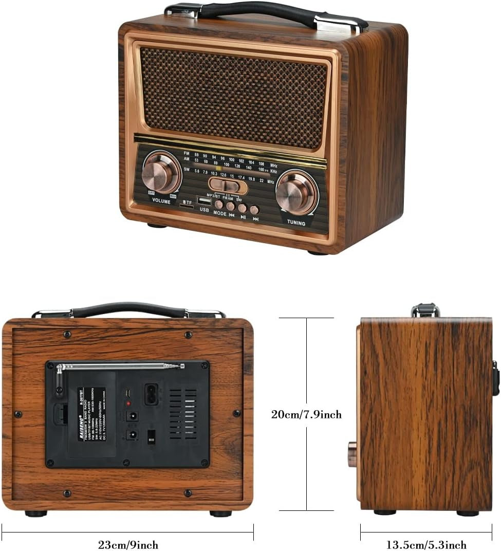 RAISENG R-2055BT Portable Radio FM AM SW Stereo Kitchen Retro Radio, Multi Power Supply, Strong Function Audio Bluetooth Radio, Supports TF Card, USB Disk, Speaker Play for Outdoor & Indoor