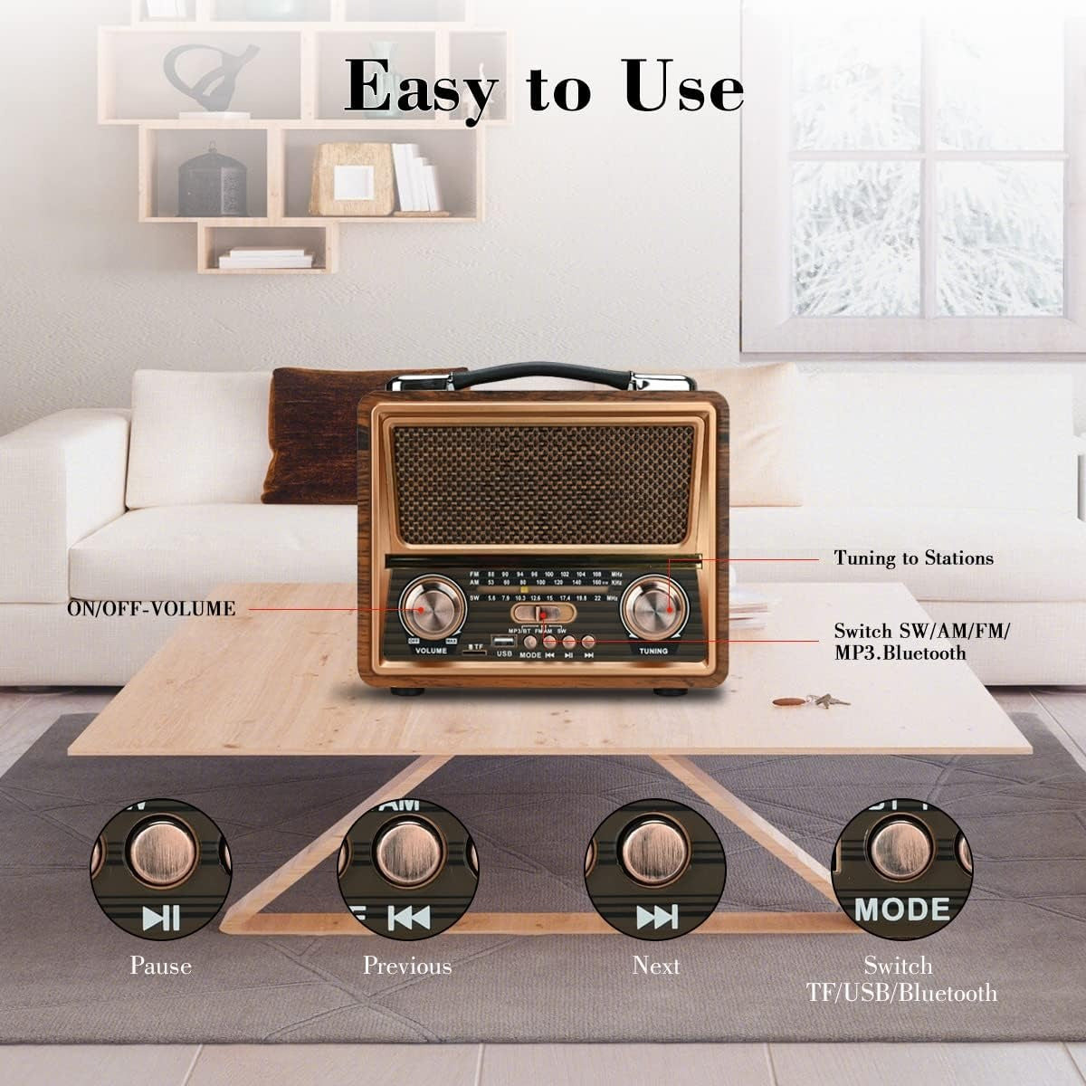 RAISENG R-2055BT Portable Radio FM AM SW Stereo Kitchen Retro Radio, Multi Power Supply, Strong Function Audio Bluetooth Radio, Supports TF Card, USB Disk, Speaker Play for Outdoor & Indoor