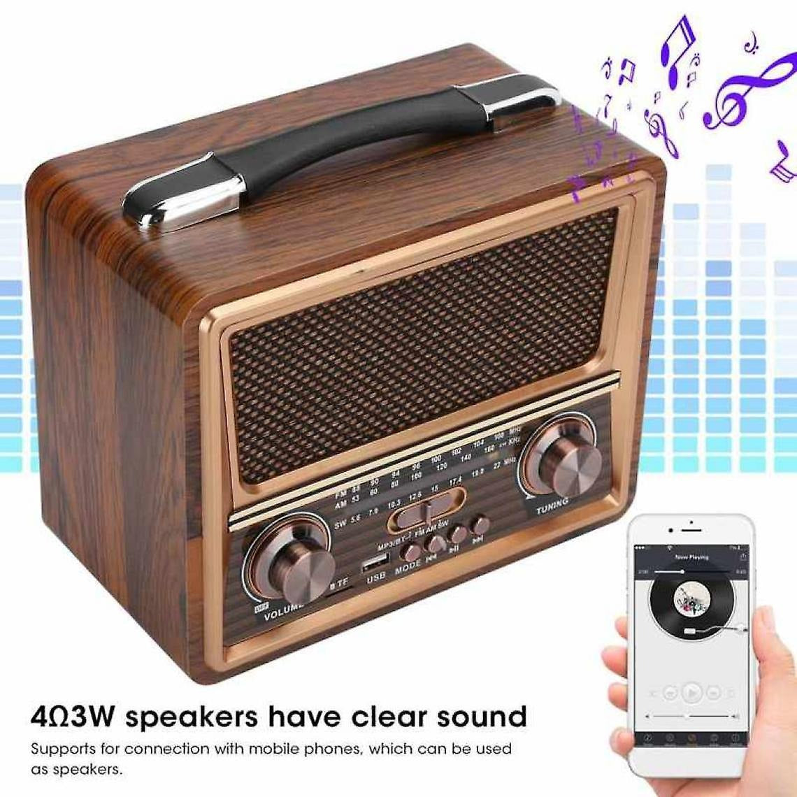 RAISENG R-2055BT Portable Radio FM AM SW Stereo Kitchen Retro Radio, Multi Power Supply, Strong Function Audio Bluetooth Radio, Supports TF Card, USB Disk, Speaker Play for Outdoor & Indoor