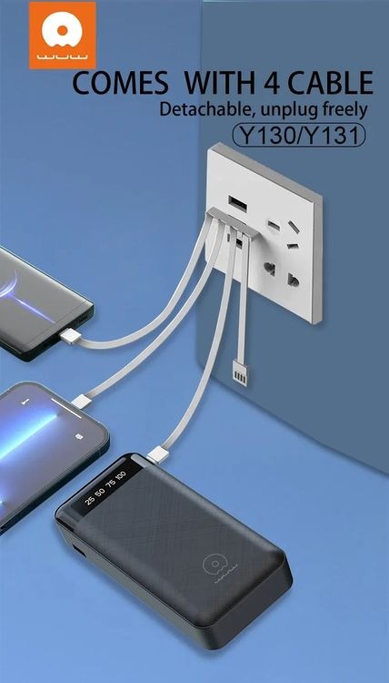 WUW - Y131 - 20000mAh Power Bank With Built In 4 Cabes