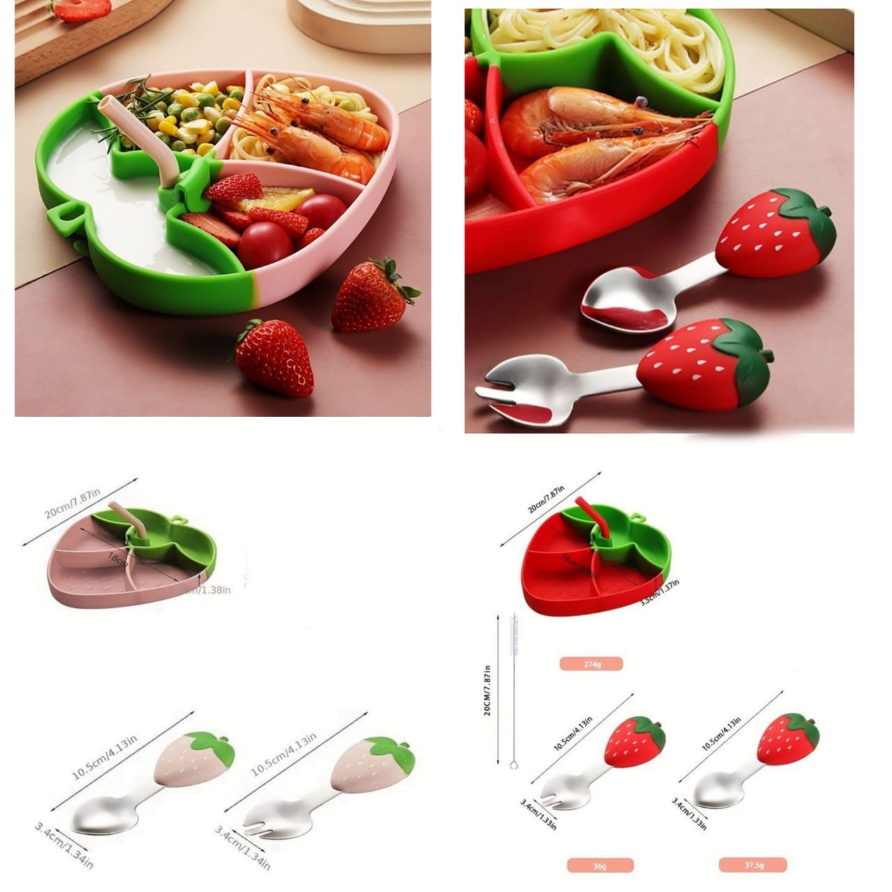 Strawberry Shaped Kids Silicone Tableware Set Spoon, Fork & Plate with Straw