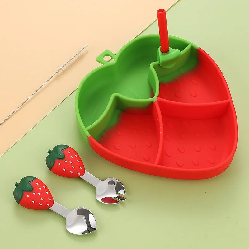 Strawberry Shaped Kids Silicone Tableware Set Spoon, Fork & Plate with Straw