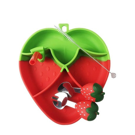Strawberry Shaped Kids Silicone Tableware Set Spoon, Fork & Plate with Straw