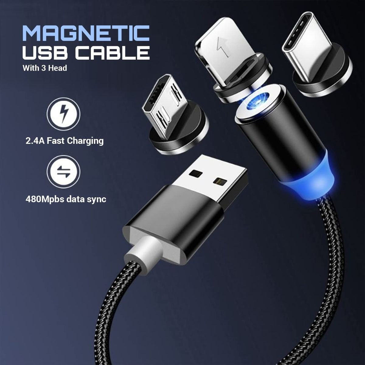 3-in-1 Magnetic USB Cable 3A FAST Charging Charger Phone Data Type-C - 1 Pack