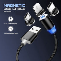 3-in-1 Magnetic USB Cable 3A FAST Charging Charger Phone Data Type-C - 1 Pack
