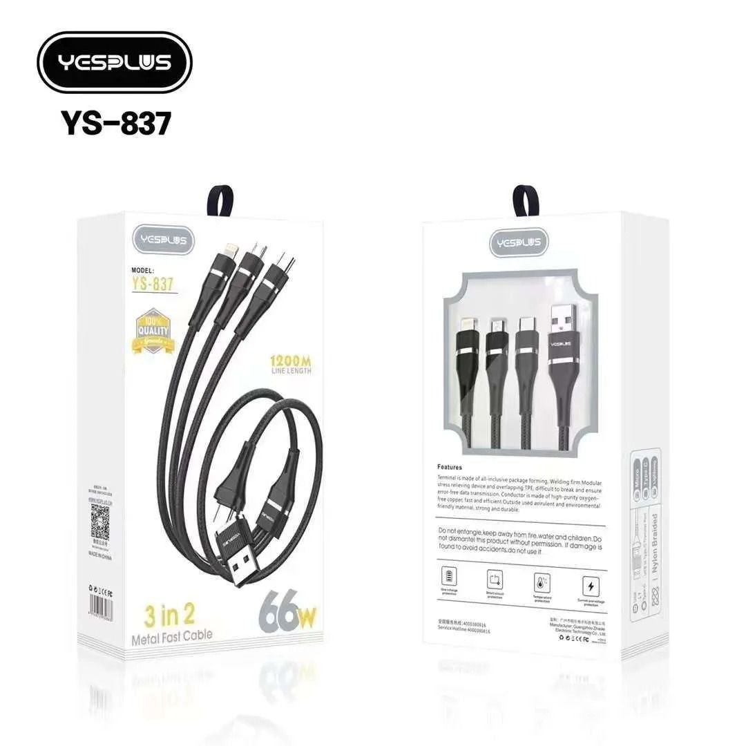 3 IN 2 USB to Type-C Transfer Port Fast Charging Cable and Charging Adaptor