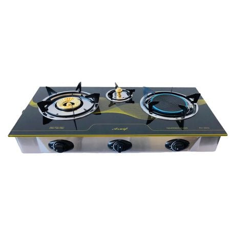 3-Burner Tempered Glass Panel Gas Stove with Heat Distribution Plate