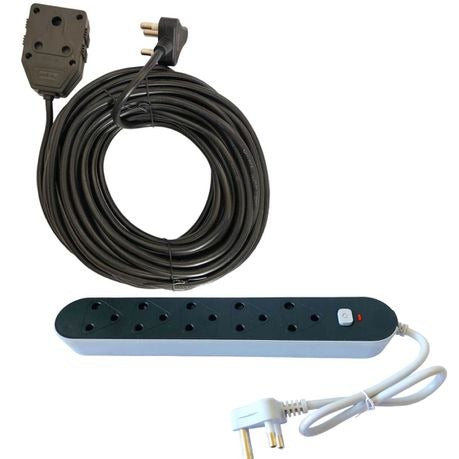 5 Way Multi Plug Power Adaptor & Black 15m Extension Cord