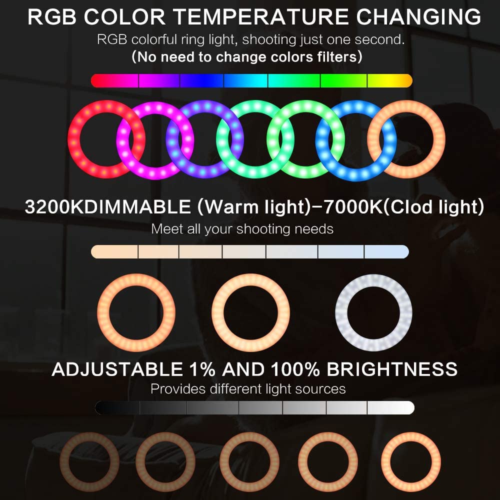 2-in-1 20cm Multi-Colour RGB Ring Light w/ & Adjustable 2.1m Tripod Stand