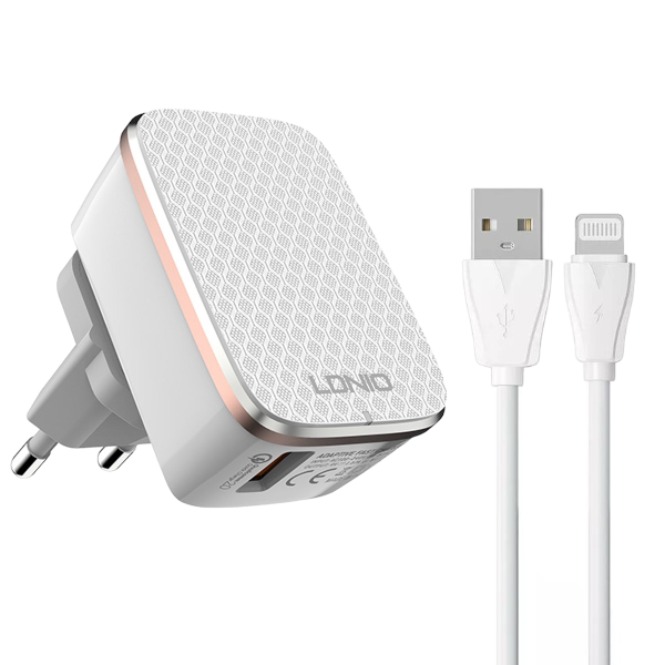 LDNIO - A1204Q - Quick Wall Charger With iPhone Cable - White
