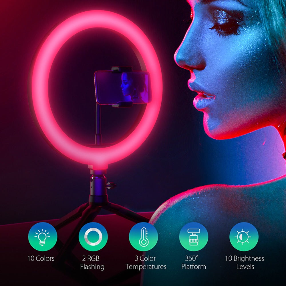 2-in-1 20cm Multi-Colour RGB Ring Light w/ & Adjustable 2.1m Tripod Stand