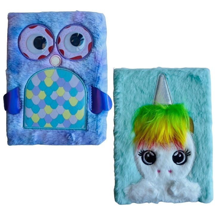 Furry Plush A5 Lined Notebook (80 Pages) Unicorn & Owl (Set of 2) - Teal