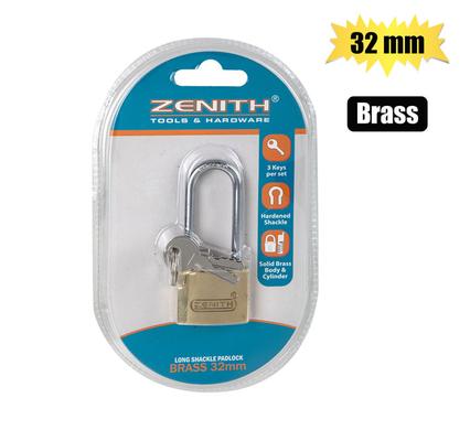 PADLOCK ZENITH BRASS 32mm LONG-SHKL CRD
