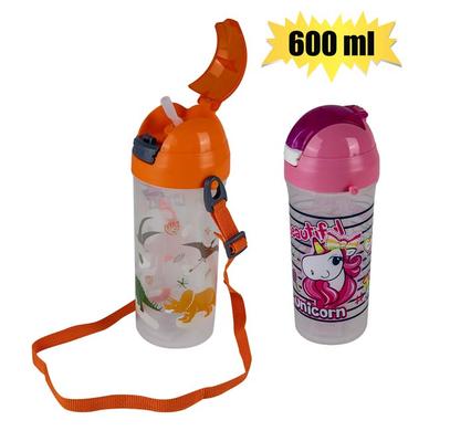 WATER BOTTLE 600ml UNICORN/DINO W/STRAW