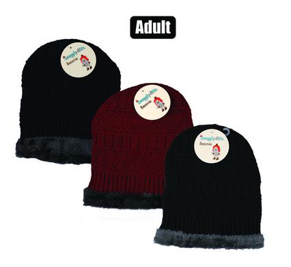 BEANIE ADULT KNITTED W/INNER FLEECE ASS