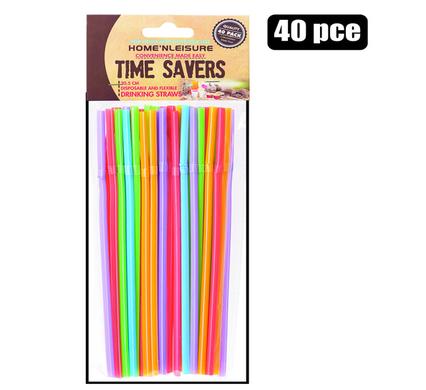 STRAWS PLASTIC ASSTD COLOURS 40PC