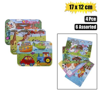 PUZZLE WOODEN IN TIN BOX 17x12cm 4PCS