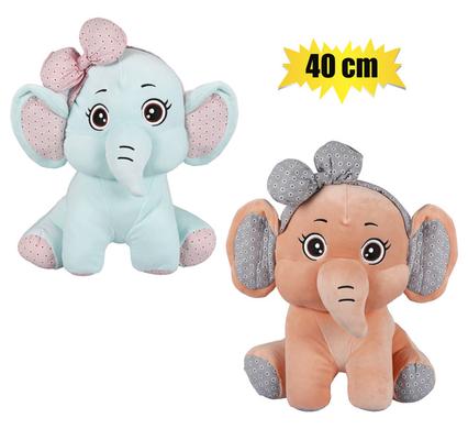 PLUSH WILD ELEPHANT W/BOW SITTING 40cm