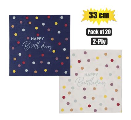 SERVIETTES 2PLY 33cm 20PC DOT H-BIRTHDAY