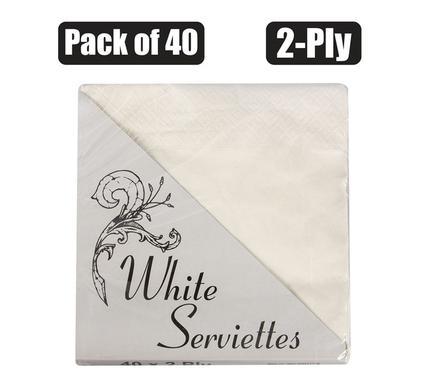 SERVIETTES 2PLY 33cm 40PC PLAIN WHITE